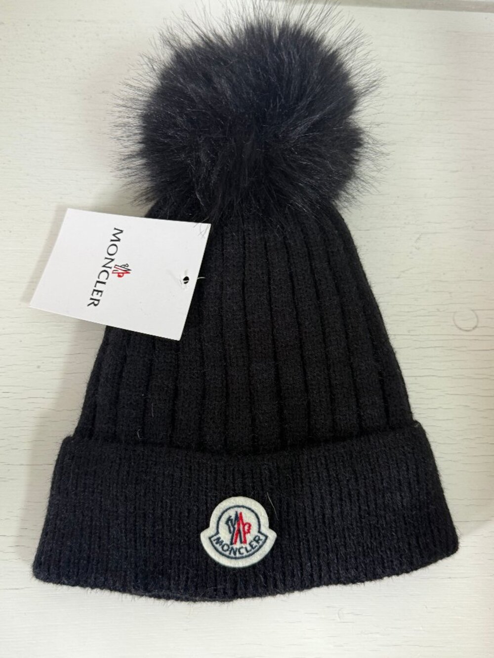 Moncler Women’s Black Knit Beanie with Faux-Fur Pom